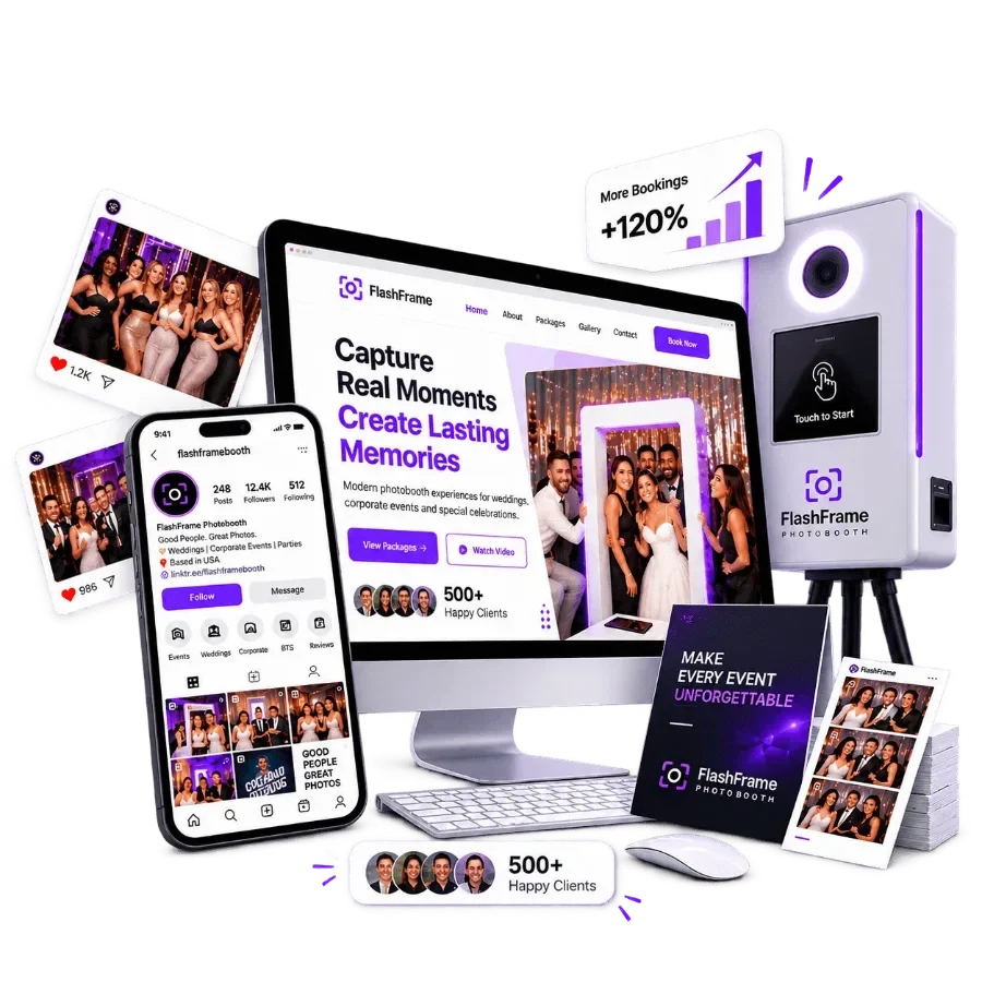 Photobooth branding and marketing designs shown on desktop, phone and print
